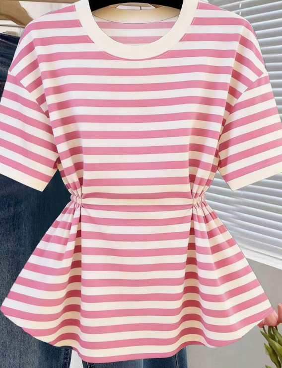 Franclia Women's Casual Striped Round Neck Waist Cinched Short Sleeve T-Shirt, Summer