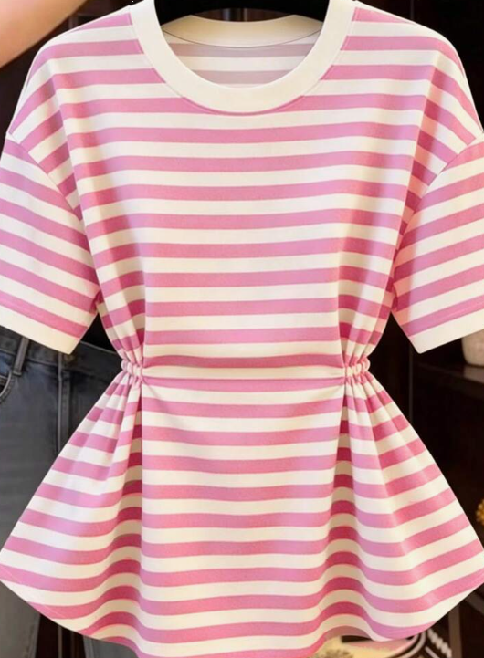 Franclia Women's Casual Striped Round Neck Waist Cinched Short Sleeve T-Shirt, Summer
