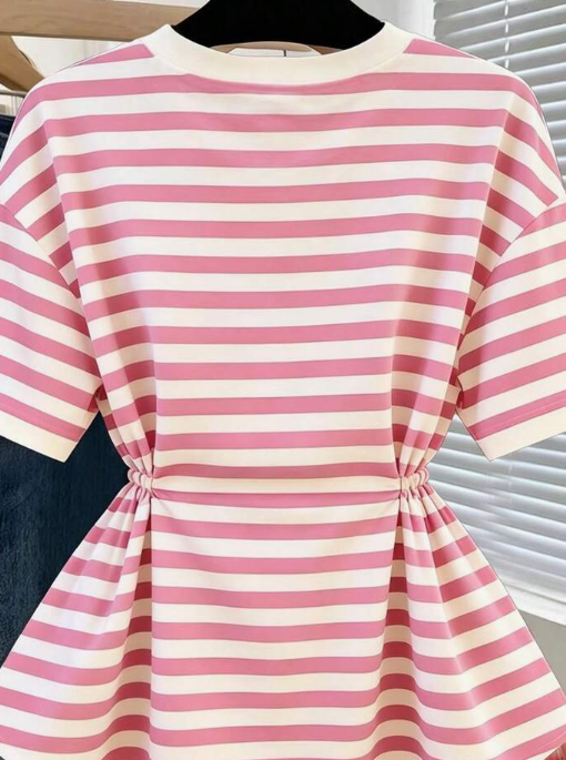 Franclia Women's Casual Striped Round Neck Waist Cinched Short Sleeve T-Shirt, Summer