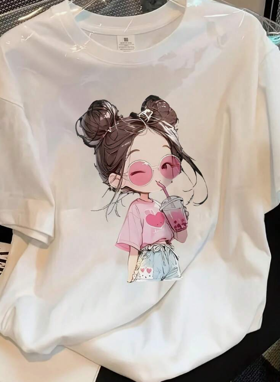 Women'S Oversized Kawaii Anime & K-Pop Graphic T-Shirt - Cute Korean Pop Culture Print With Chibi Characters, Loose Fit Crew Neck Short Sleeve Tee For Casual Casual Attire, Birthday & Mother'S Day Gift, Machine Washable All-Season () - K-Drama Inspi